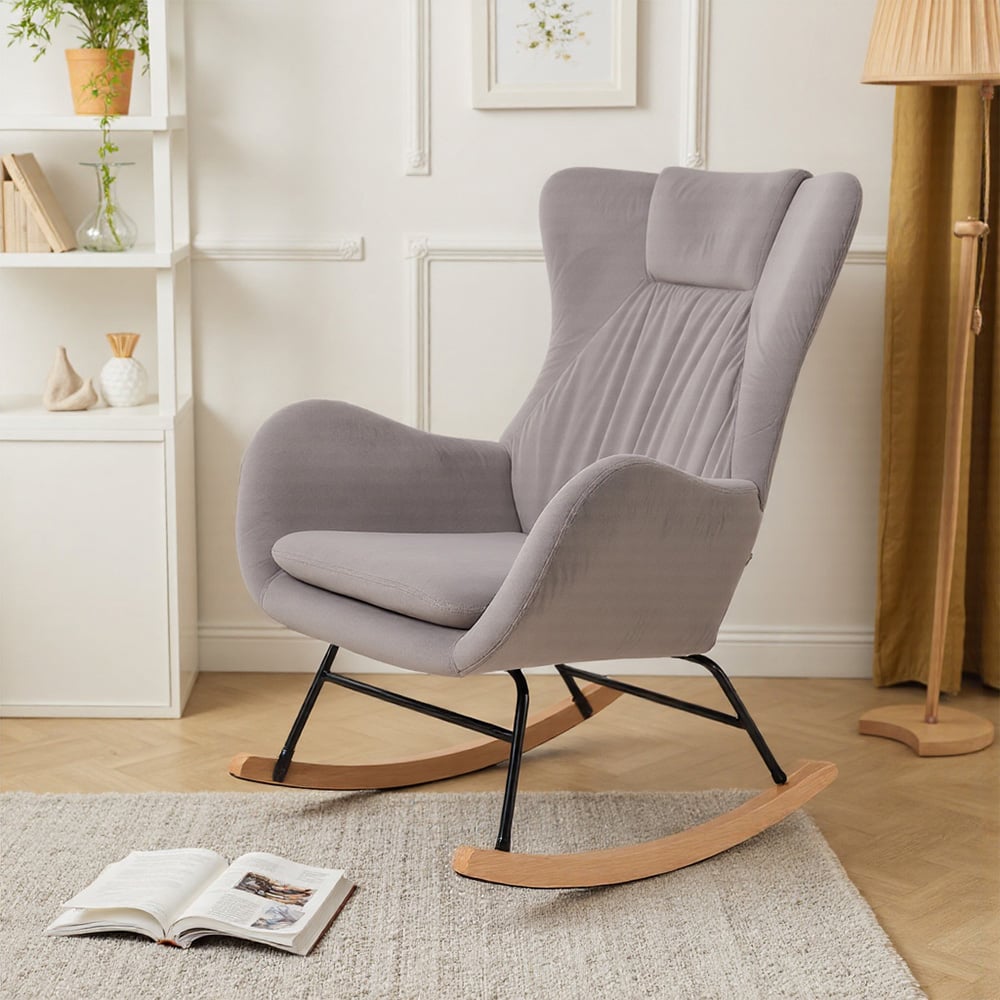 Living and Home Grey Velvet Upholstered Rocking Chair Image 8
