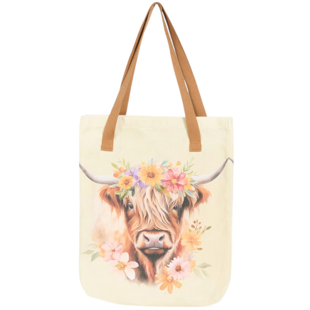 Floral Highland Cow Tote Bag Cream Image 2