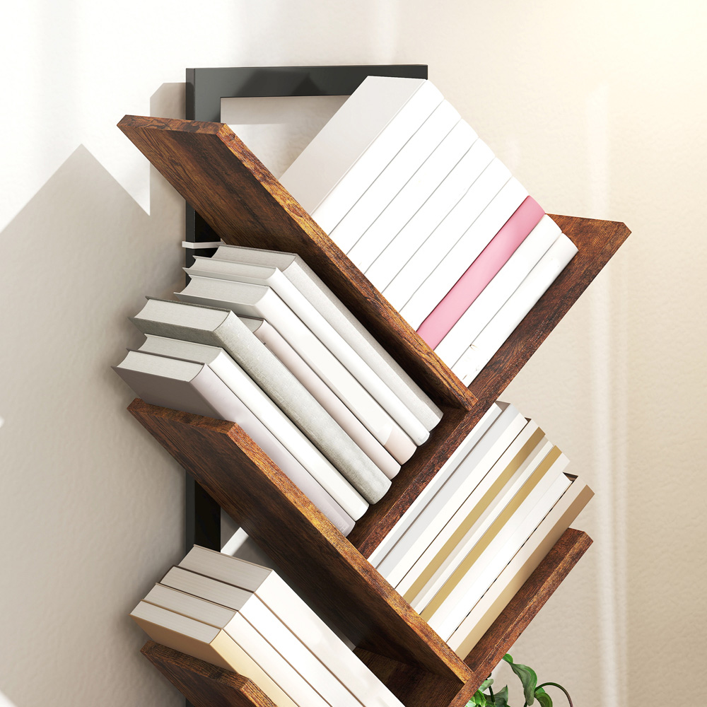 HOMCOM 6 Shelf Rustic Brown Steel Frame Tree Bookshelf Image 8