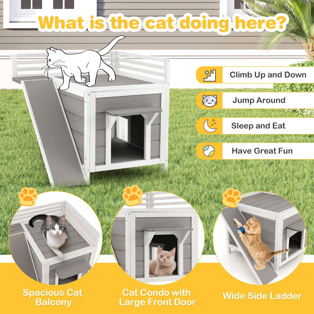 Costway Grey Pet Dog House with Balcony Image 5