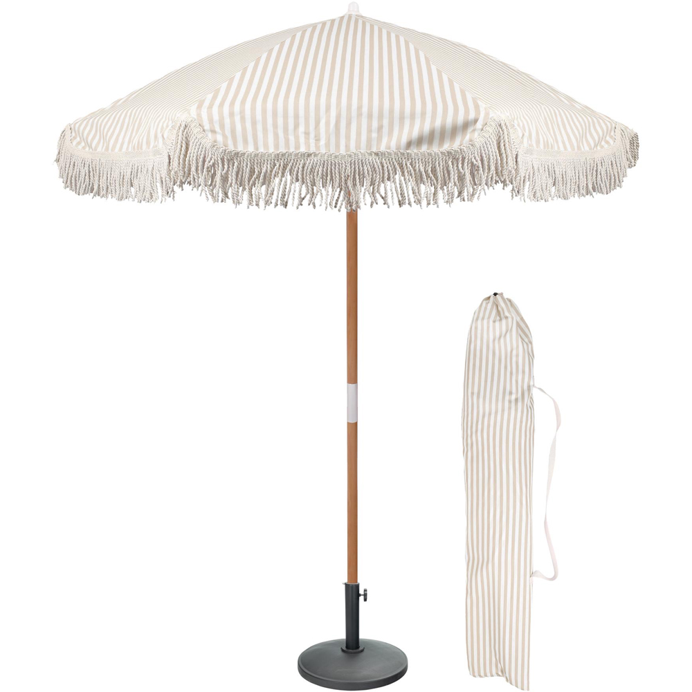 Harbour Housewares Beige Stripe Tassel Fringed Wooden Garden Parasol and Base Set 1.4m Image 3