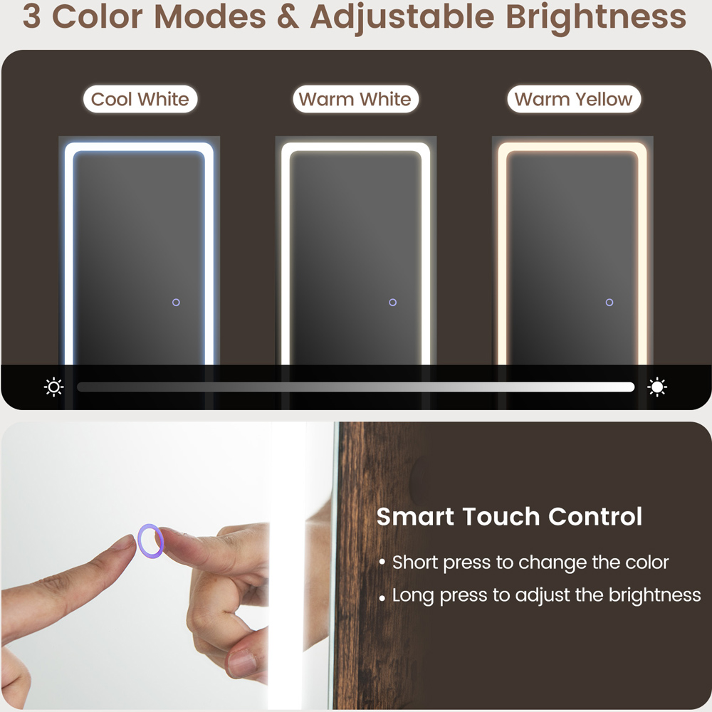 Costway 2 Drawer Rustic Brown LED Light Standing Jewellery Cabinet Image 7