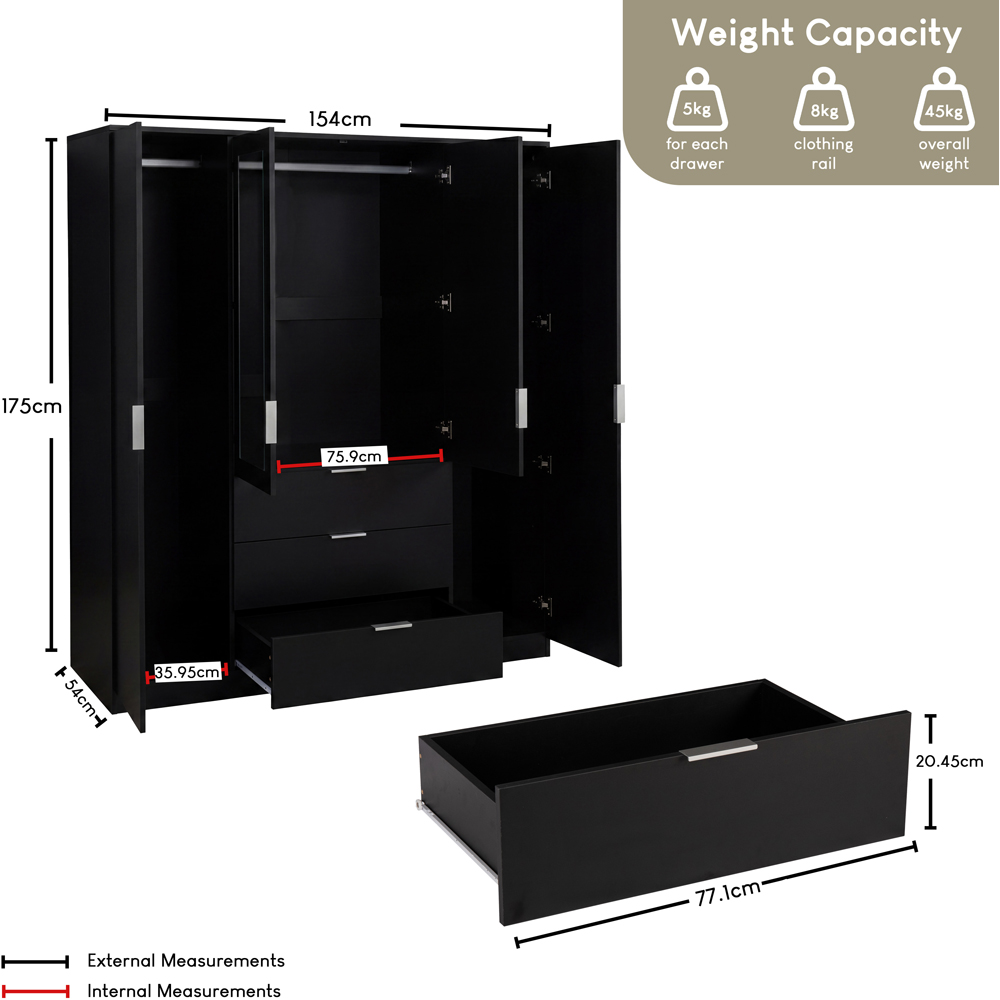 VIDA DESIGNS Trega 4 Door 3 Drawer Black Mirrored Wardrobe Image 9