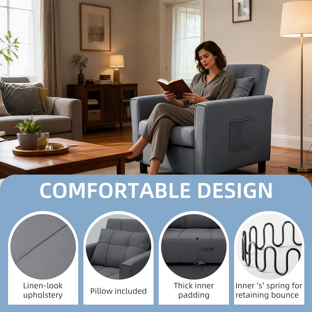 Alivio Singel Seater 3-in-1 Dark Grey Convertible Sofa Bed Chair Image 7