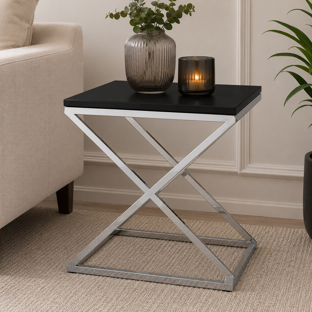 Premier Housewares Tribute Black Leather Effect Side Table with Silver Base Image 4