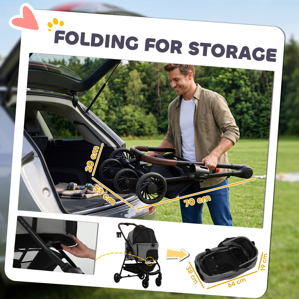 PawHut 3-in-1 Grey Small Foldable Dog Stroller Image 5