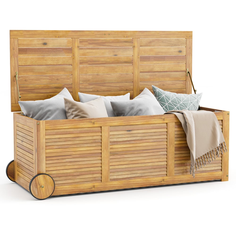 Costway 180L Acacia Wood Outdoor Storage Box with 2 Wheels Image 4