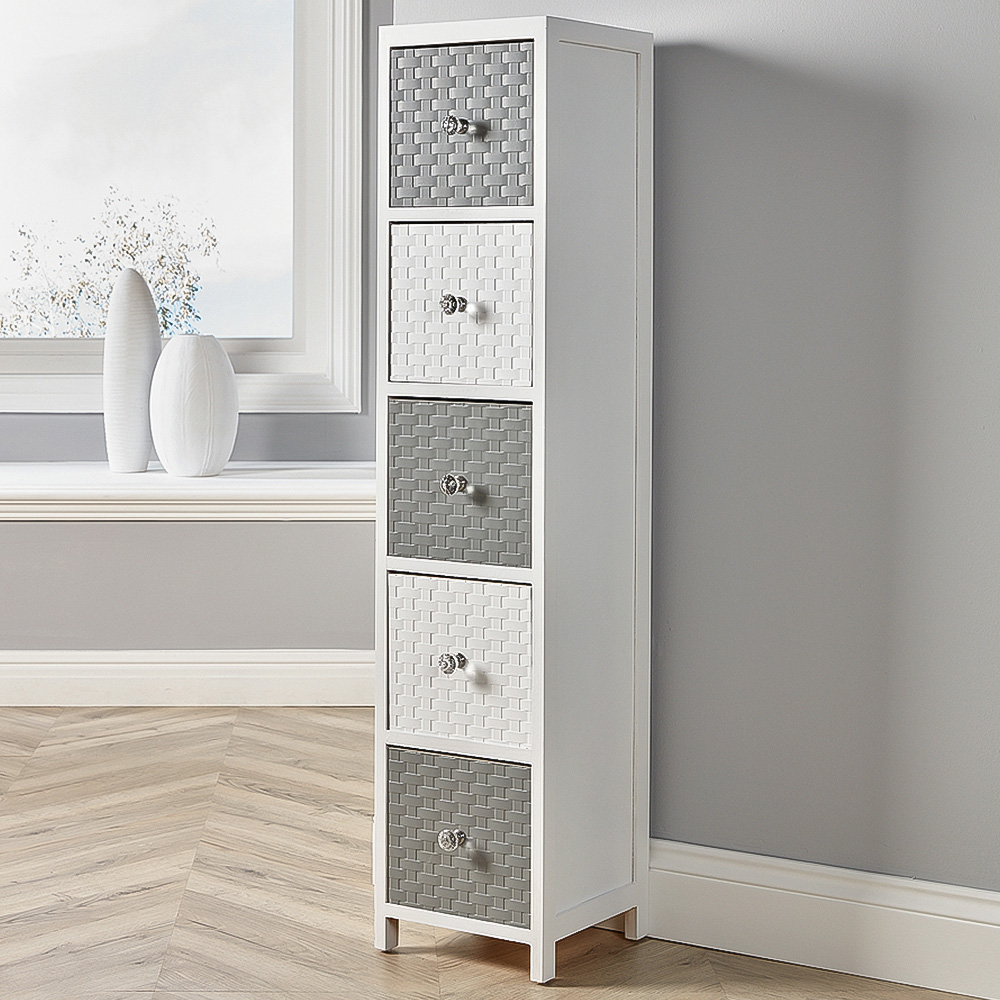 Home Source Crystal 5 Drawer White Grey Narrow Chest of Drawers Image 1