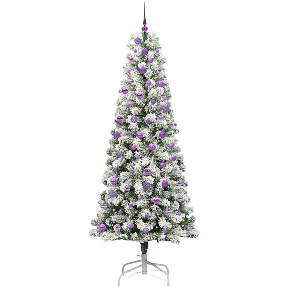 vidaXL Pre-Lit Warm White LED and Lilac Baubles Snow Flocked Artificial Christmas Tree 8ft Image 1