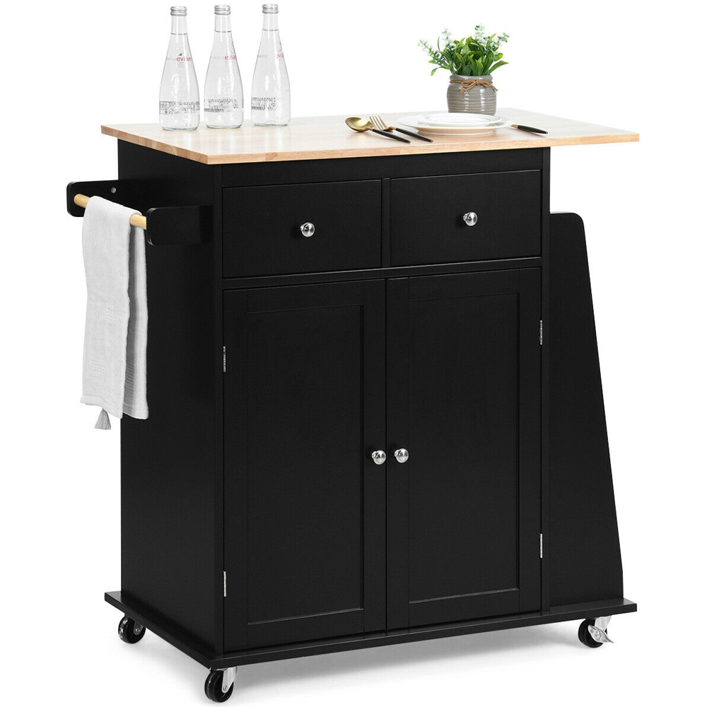 Costway Black Kitchen Island with Rubber Wood Countertop and Storage on Wheels Image 4