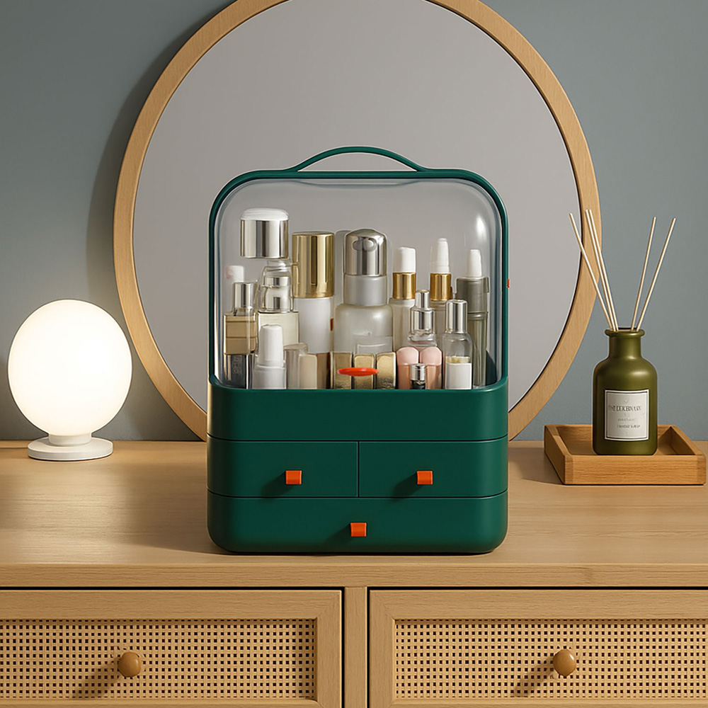 Neo 3 Drawer Green Acrylic Makeup Storage Organiser with Lid Image 2