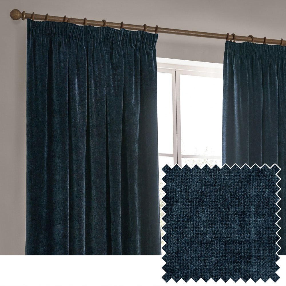 Yard Heavy Navy Chenille Velvet Pencil Pleat Curtains 229 x 229cm Image 4