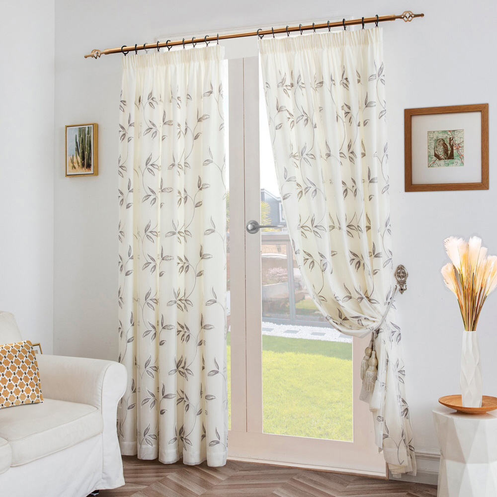 Alan Symonds Leaf Embroidered Sage Pencil Pleat Tulle Voile Curtains 147 x 229cm Image 1