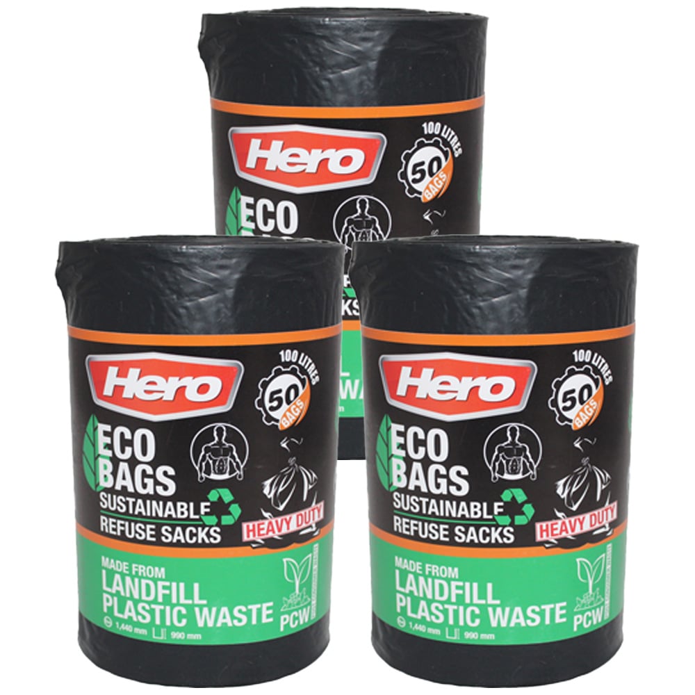 Hero Eco Heavy Duty Bin Bags Black 100L 150 Pack Image 1