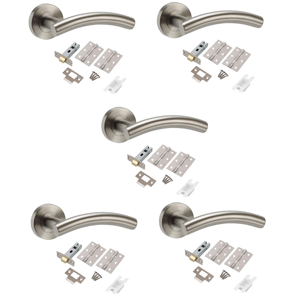 Golden Grace Satin Nickel Arched T-Bar Door Handles Set 5 Pack Image 1