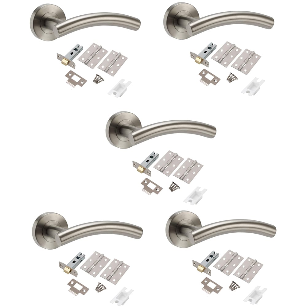 Golden Grace Satin Nickel Arched T-Bar Door Handles Set 5 Pack Image 1