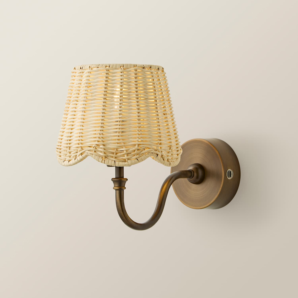 ValueLights Lowe Rattan Taper Shade Brass Portable Rechargeable Wall Light with Bulb Image 3