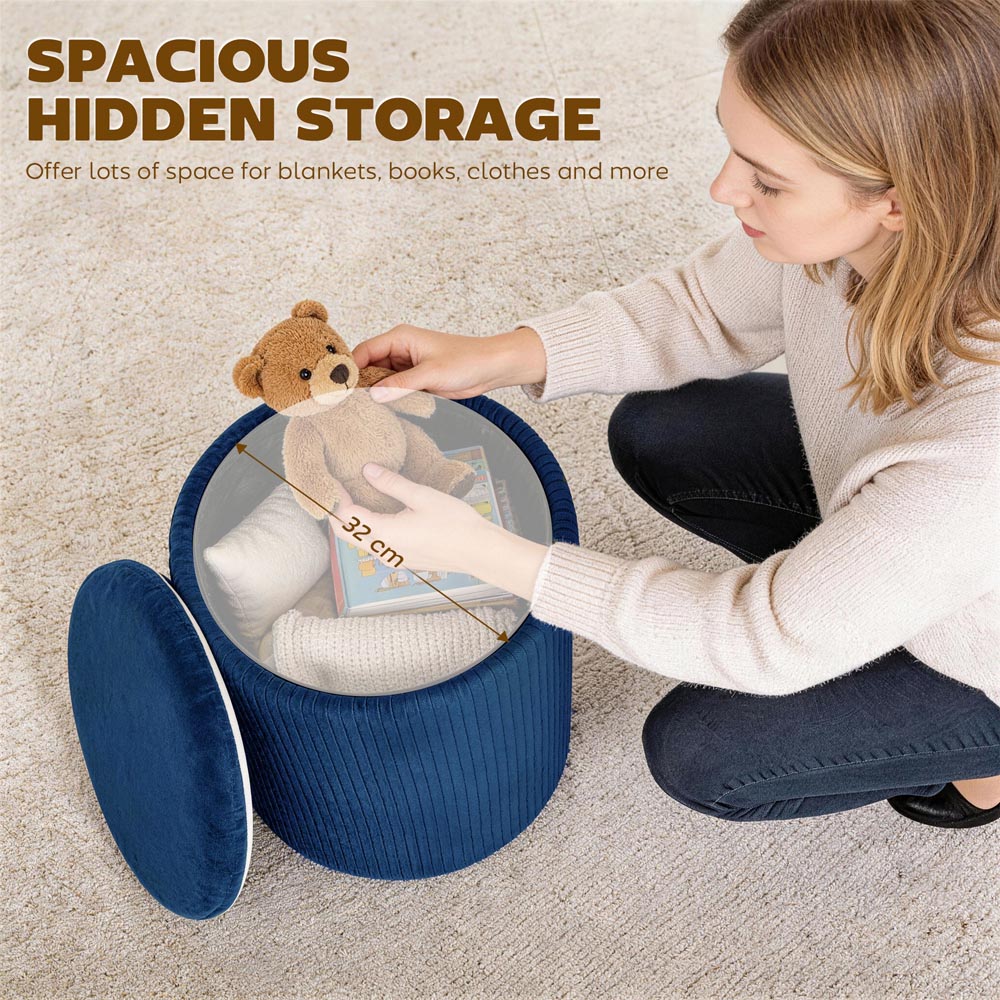 Portland Blue Round Storage Ottoman with Removable Top Image 6