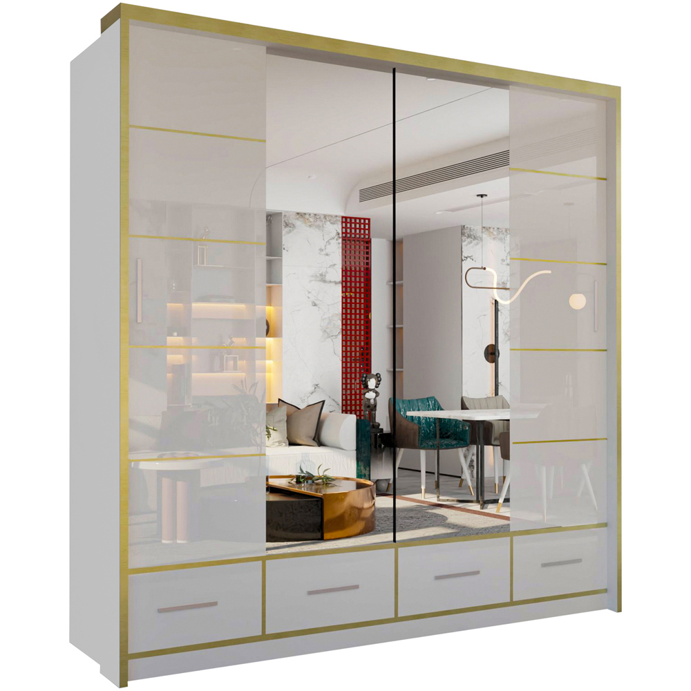M N Furniture Silora 2 Door 4 Drawer White and Gold High Gloss Mirrored Sliding Wardrobe 203cm Image 2