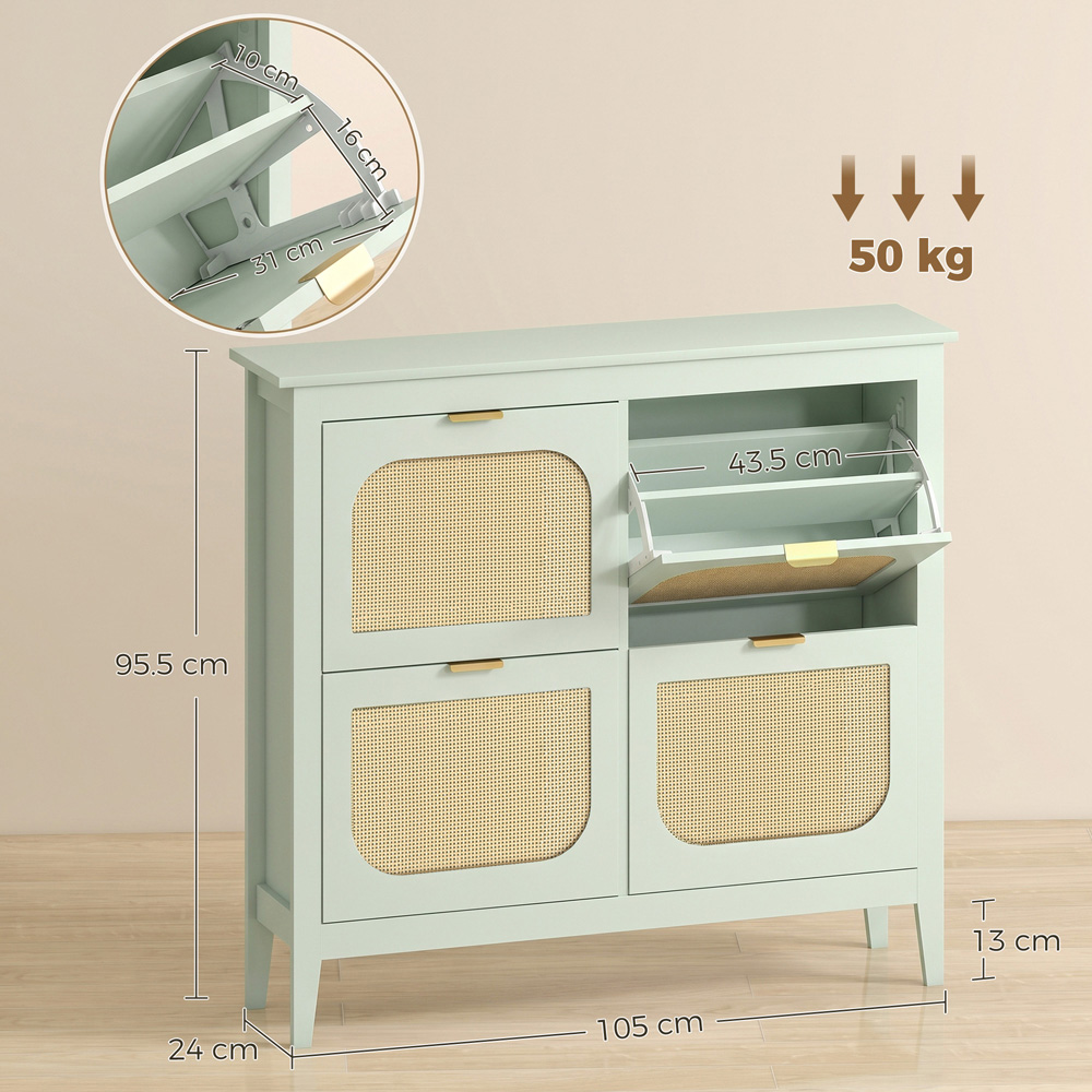 HOMCOM 4 Flip Door Green Rattan Boho-Style Slim Shoe Cabinet Image 9