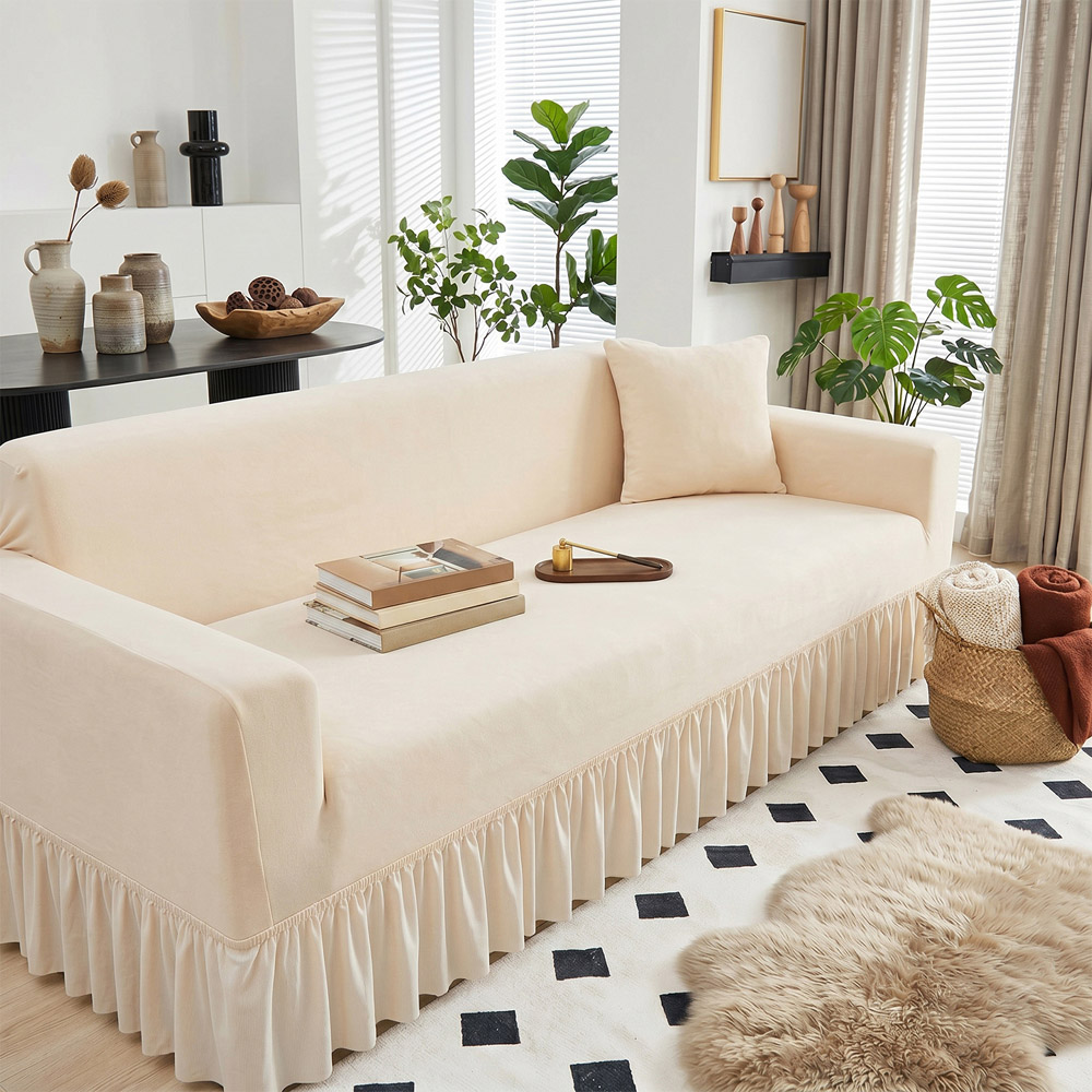 Living and Home 4 Seater Beige Vintage Plush Sofa Cover Image 2