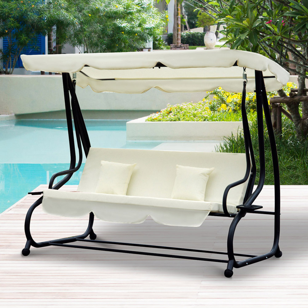 Outsunny 3 Seater Cream and White Convertible Swing Chair and Bed with Canopy Image 1