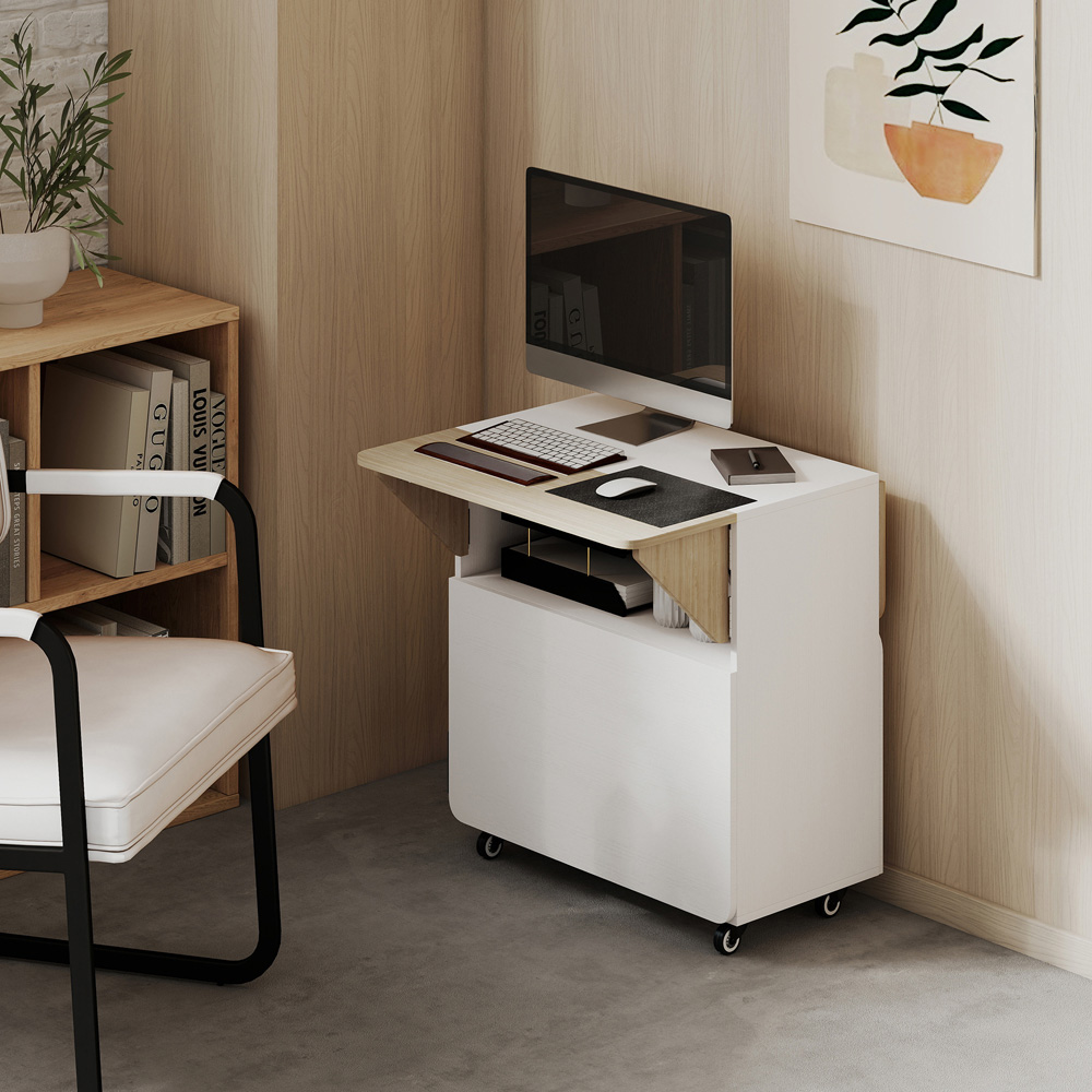 Portland 2 Drawer White Rolling Drop Leaf Dining Table with Hidden Shelf Image 2