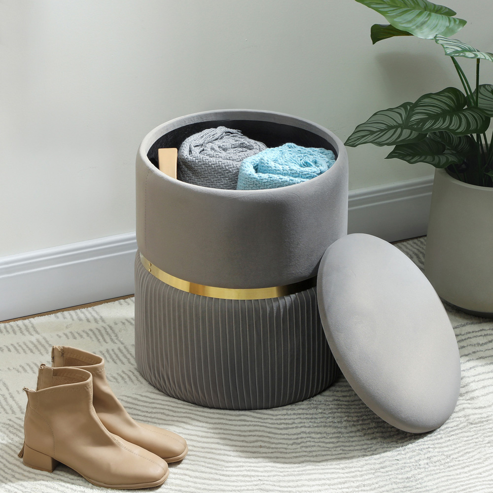 Portland Light Grey Velvet Round Pouffe Footstool with Storage Image 4