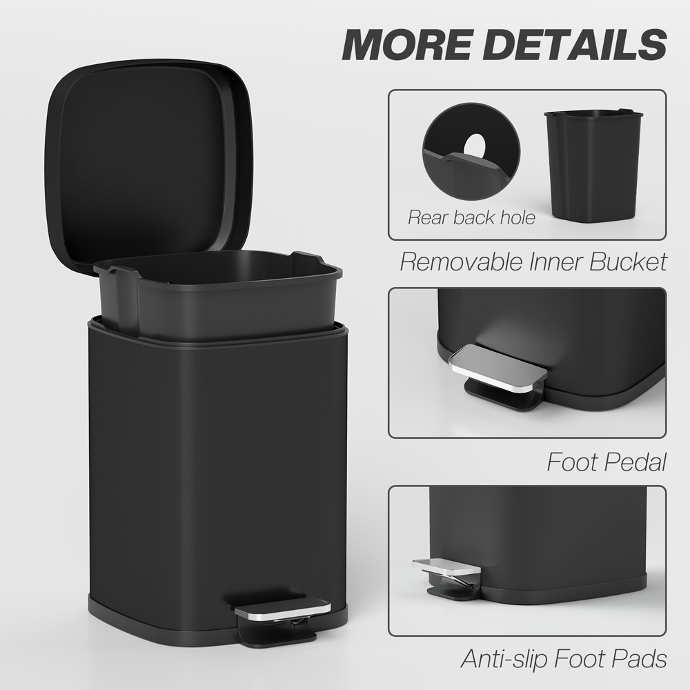 HOMCOM Black Pedal Kitchen Bin with Soft Close Lid 12L Image 7