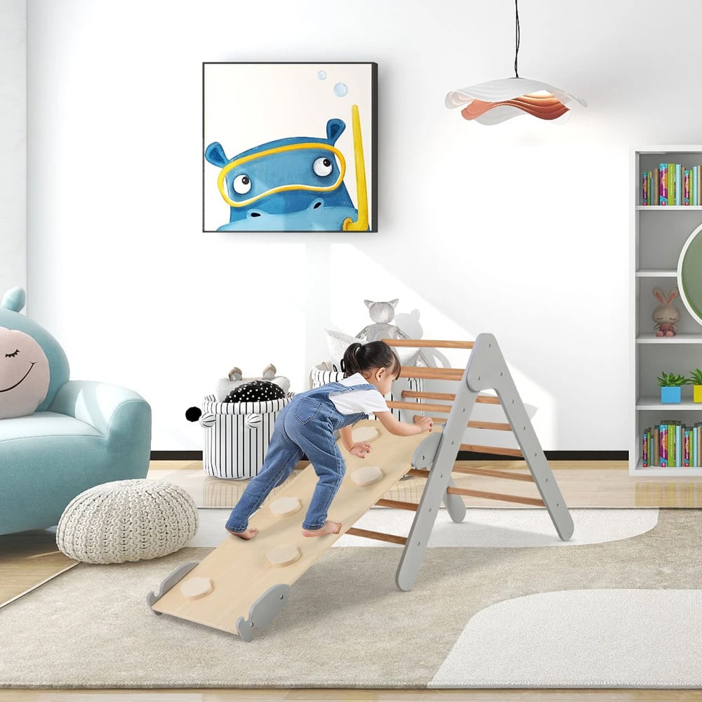 Costway Kids 2 in 1 Grey Wooden Climbing Ladder with Ramp Image 2