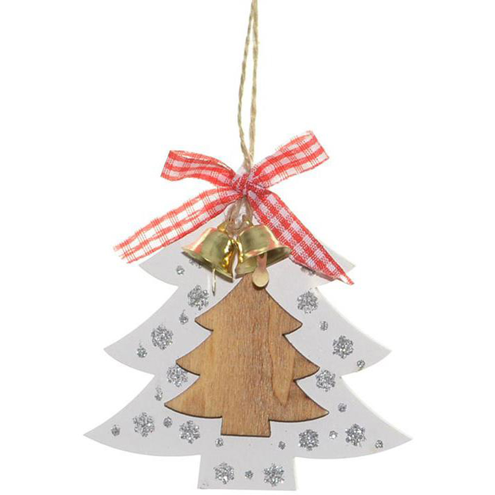 Shatchi Ribbon and Bells Wooden Christmas Tree Decoration 6 Pack Image 3