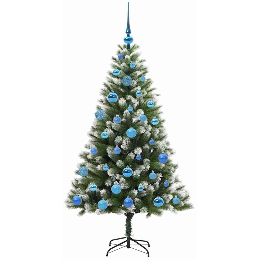 vidaXL Pre-Lit Blue Baubles Green Artificial Snow Tipped Hinged Christmas Tree 5ft Image 4
