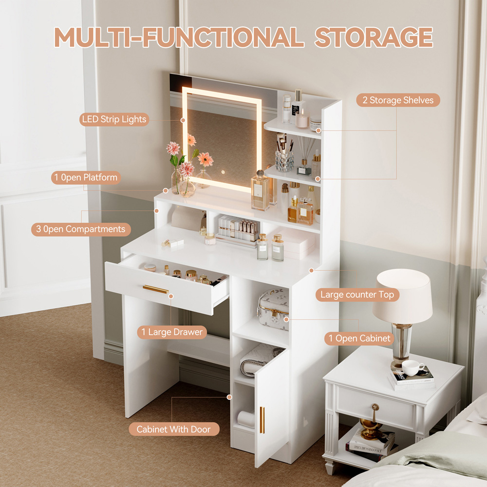 Brooklyn Truro Single Door Single Drawer 7 Shelf White Adjustable Dressing Table with LED Mirror Image 4