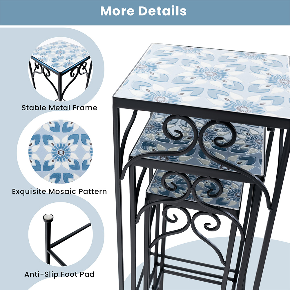 Costway Blue Mosaic Tile Metal Plant Stand Set of 3 Image 8