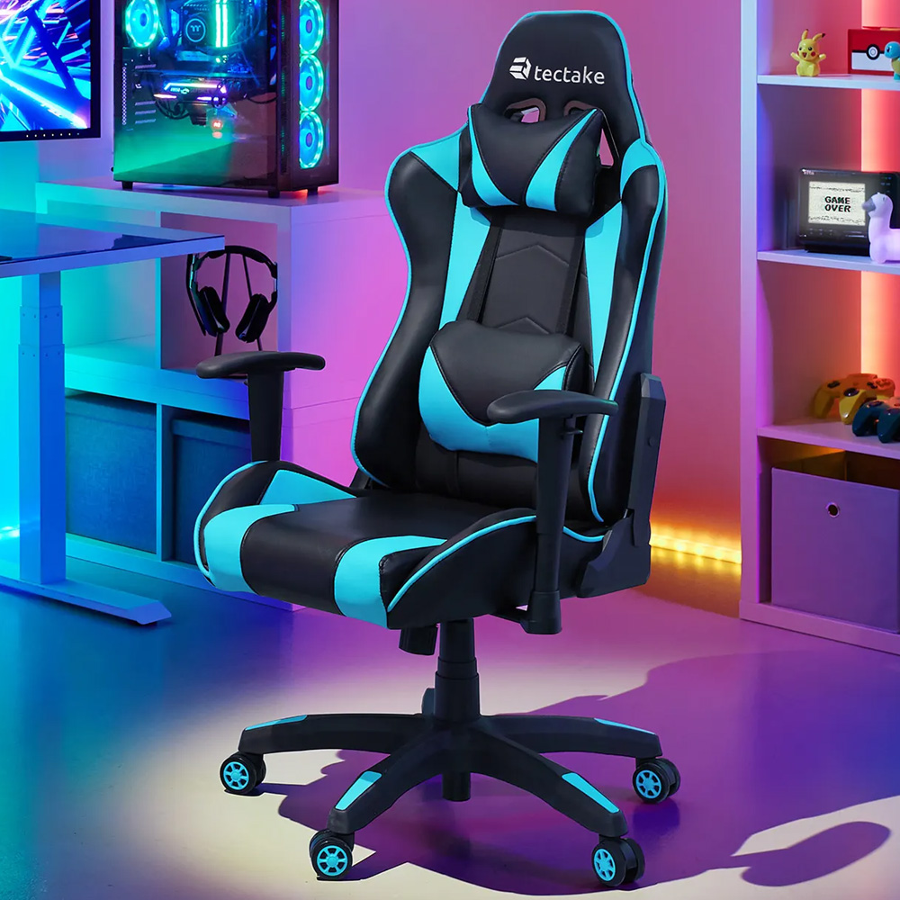 tectake Stealth Black and Azure Gaming Chair Image 1