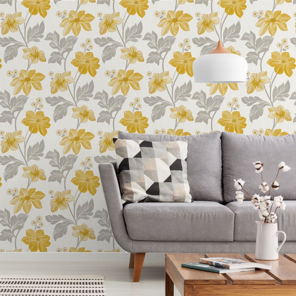 Grandeco Clametis Floral Trail Yellow Vinyl Wallpaper Image 2
