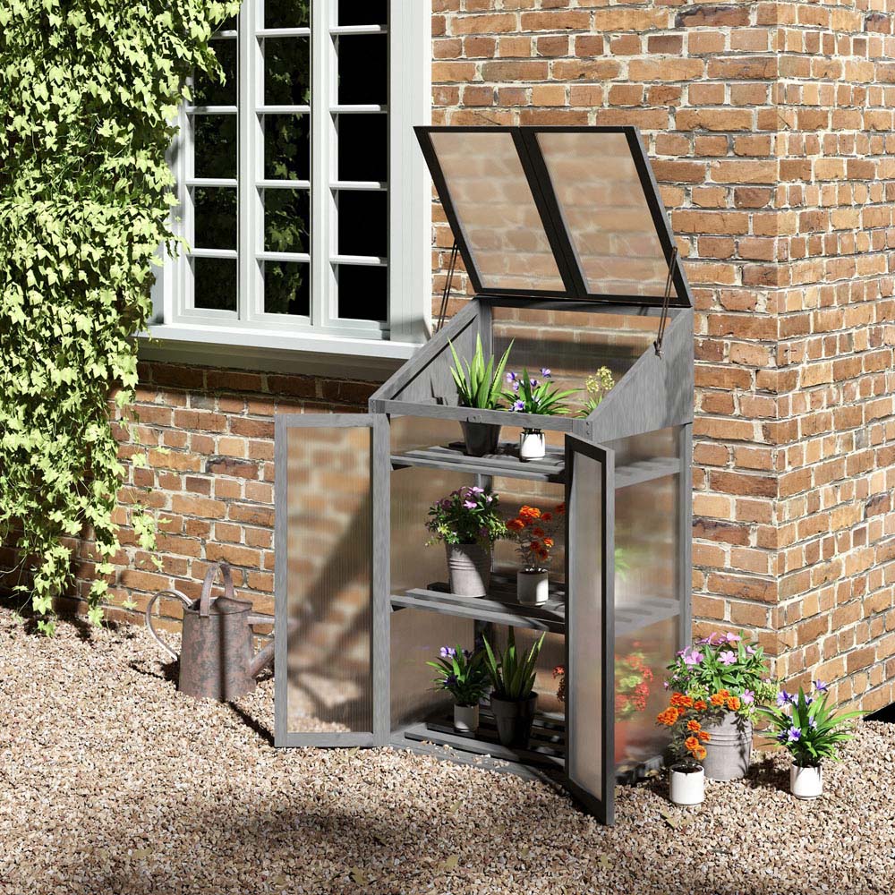 Outsunny 3 Shelf Grey Wooden Polycarbonate 2.2 x 1.6ft Cold Frame Greenhouse Image 2