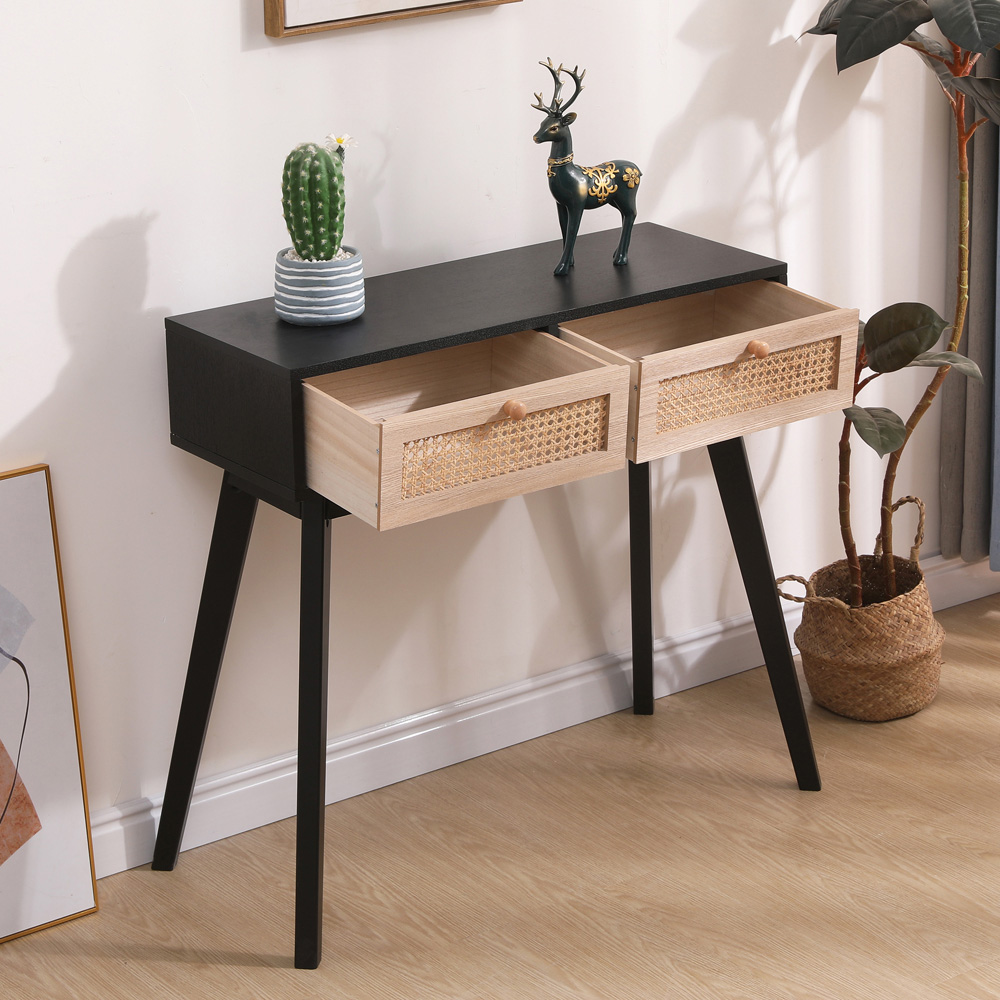 FurnitureHMD 2 Drawer Black Rattan Weaving Console Table Image 6