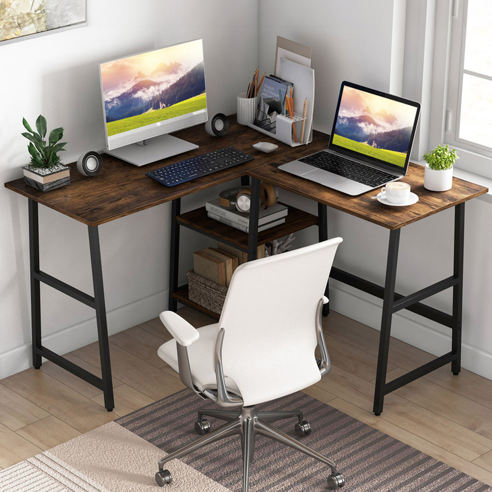 Costway 2 Shelf L Shaped Computer Desk with USB Port Rustic Brown  Image 1
