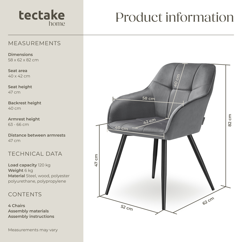 tectake Marilyn Set of 4 Grey and Black Quilted Velvet Dining Chair Image 9