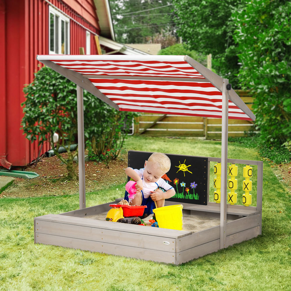 Outsunny Kids Grey Wooden Sandbox with Canopy Image 2
