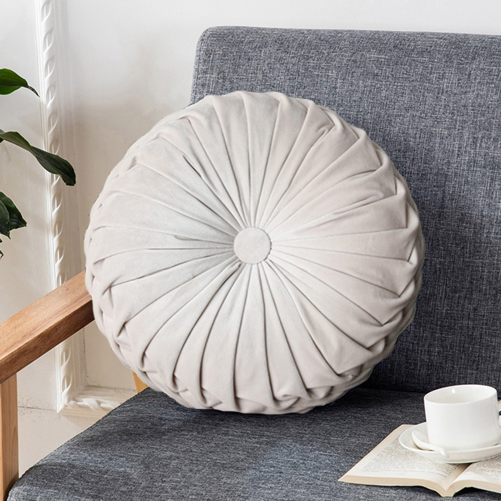 Living and Home Beige Round Pleated Pumpkin Velvet Cushion 45cm Image 2