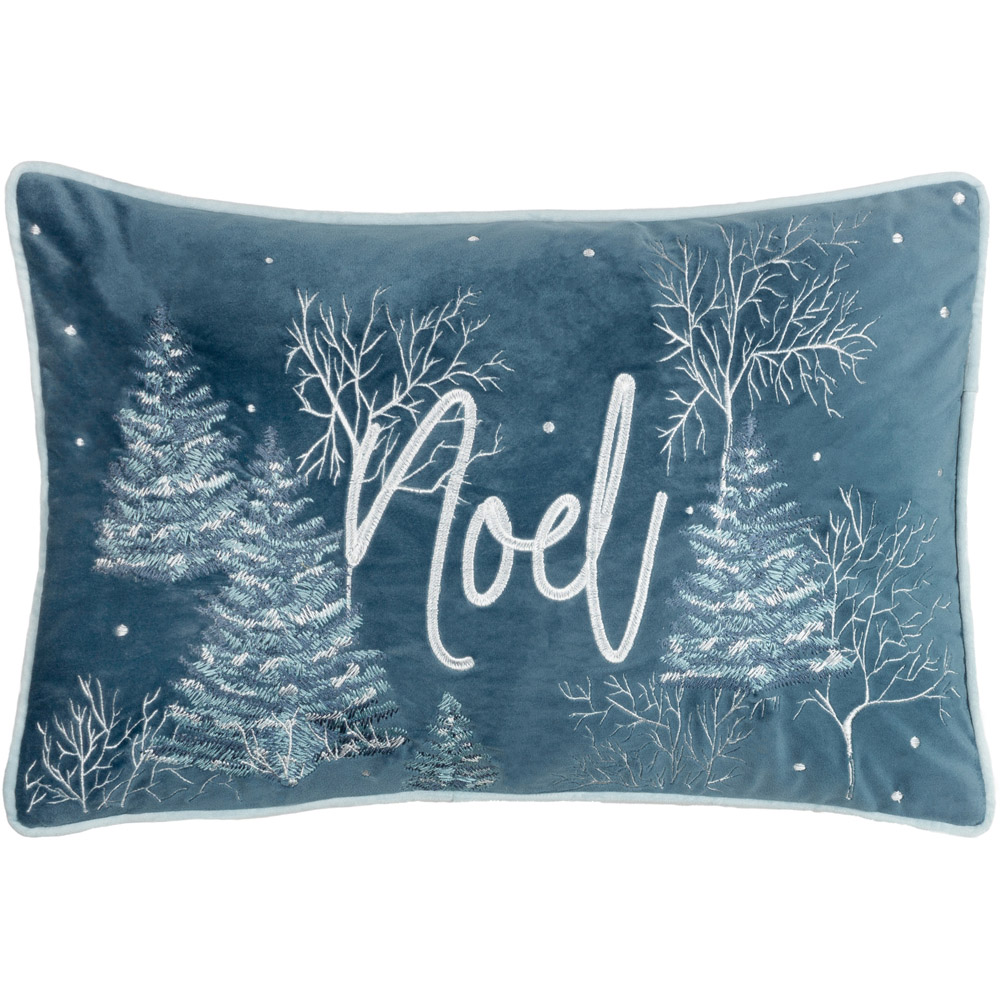 Furn Arcticus Blue Noel Embroidered Piped Velvet Reversible Cushion 30 x 50cm Image 1