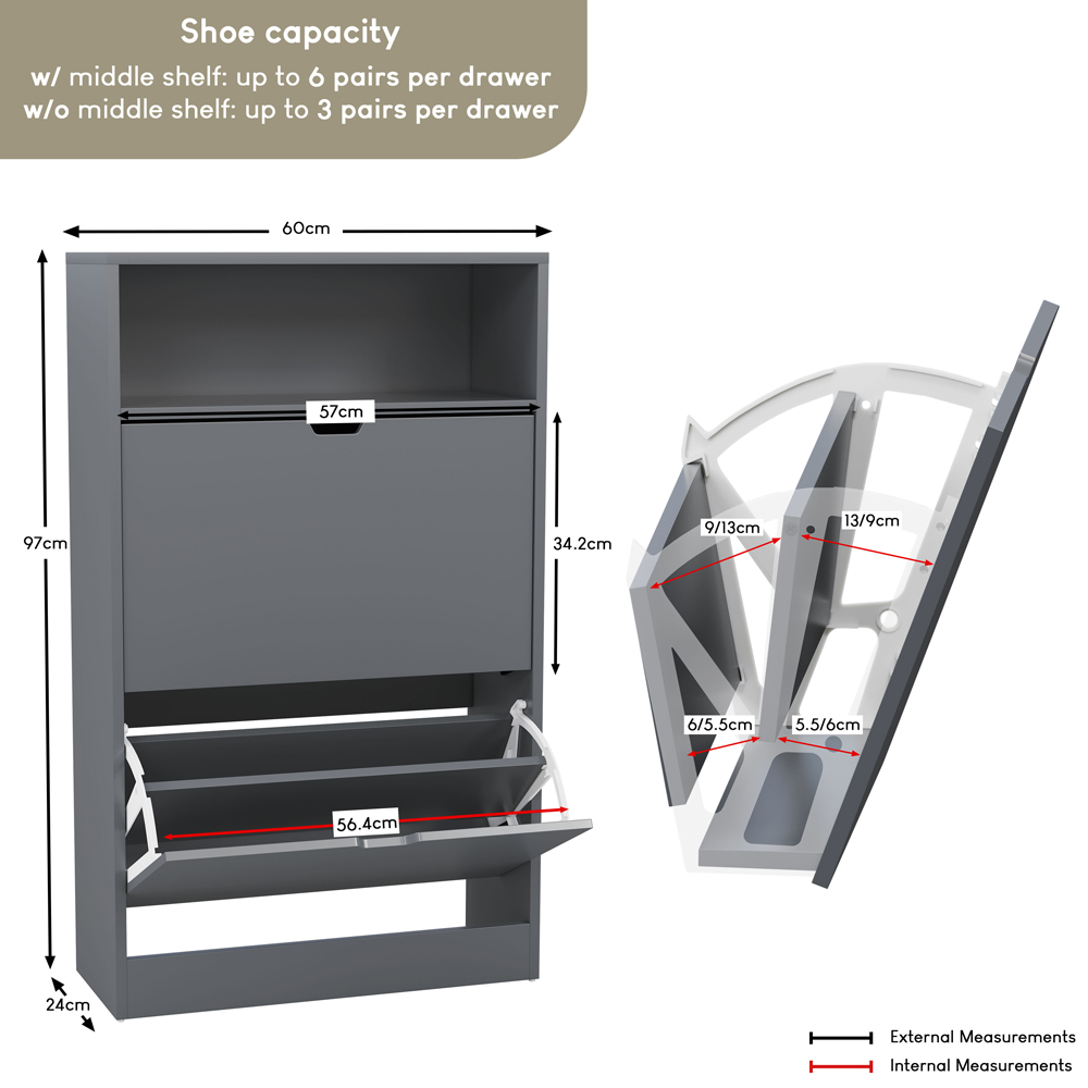 VIDA DESIGNS 2 Drawer Single Shelf Grey Shoe Cabinet Image 9