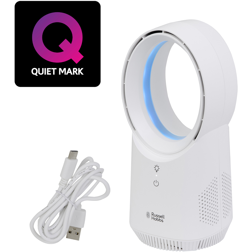 Russell Hobbs White Quiet Bladeless Compact Desk Fan with USB Image 2