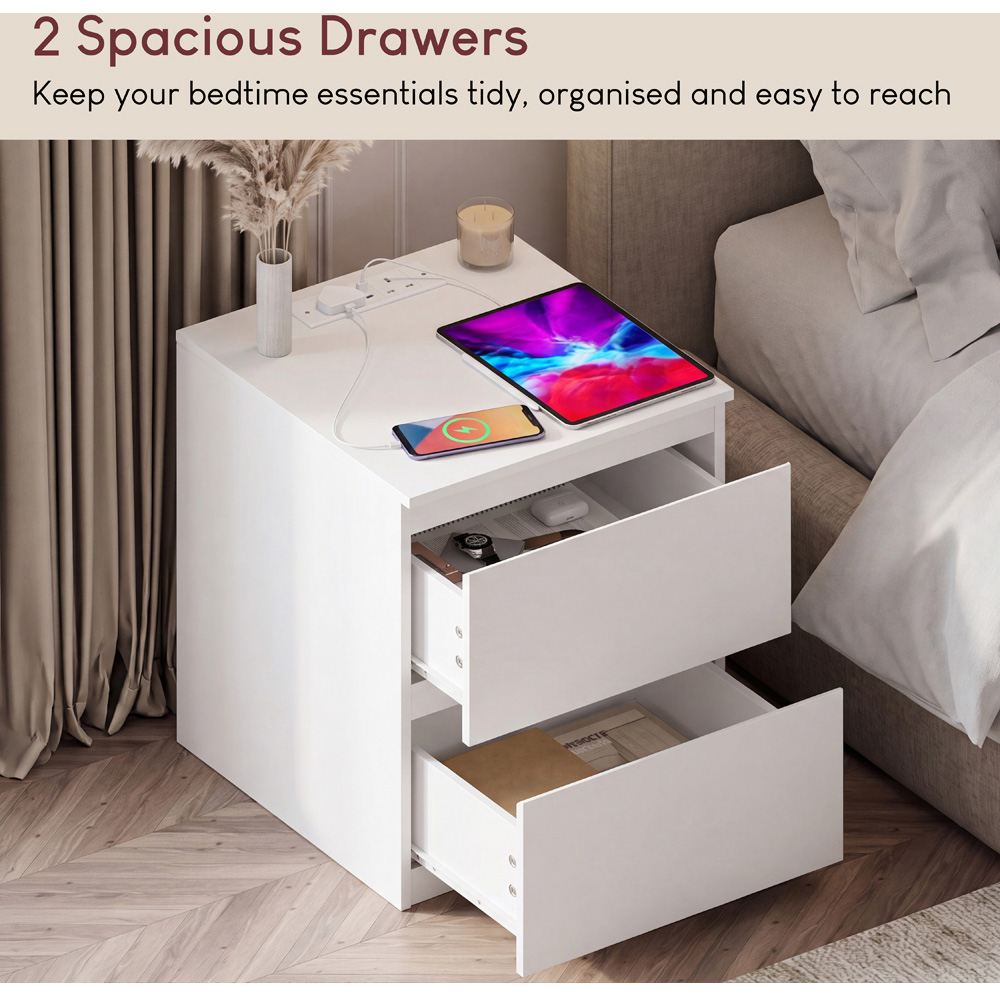 VIDA DESIGNS Denver 2 Drawer White Large Bedside Chest with Power Outlet Set of 2 Image 5