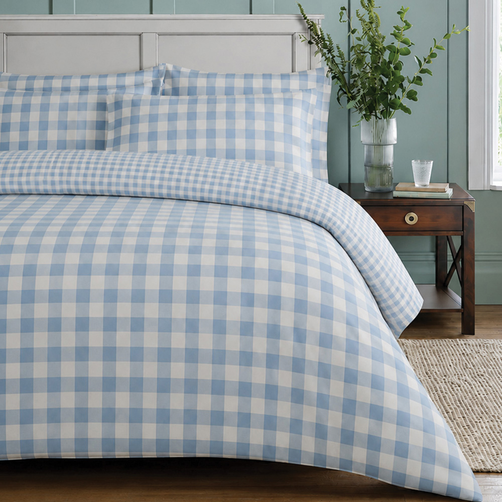 Sweet Dreams Super King Size Wyndham Check Surf Blue Duvet Cover Set Image 1
