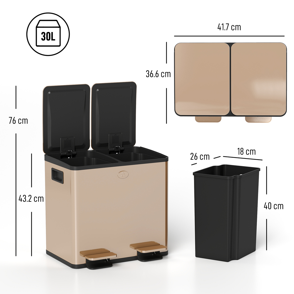 HOMCOM Gold Tone Stainless Steel Double Pedal Bin with Soft-Close Lid 30L Image 9