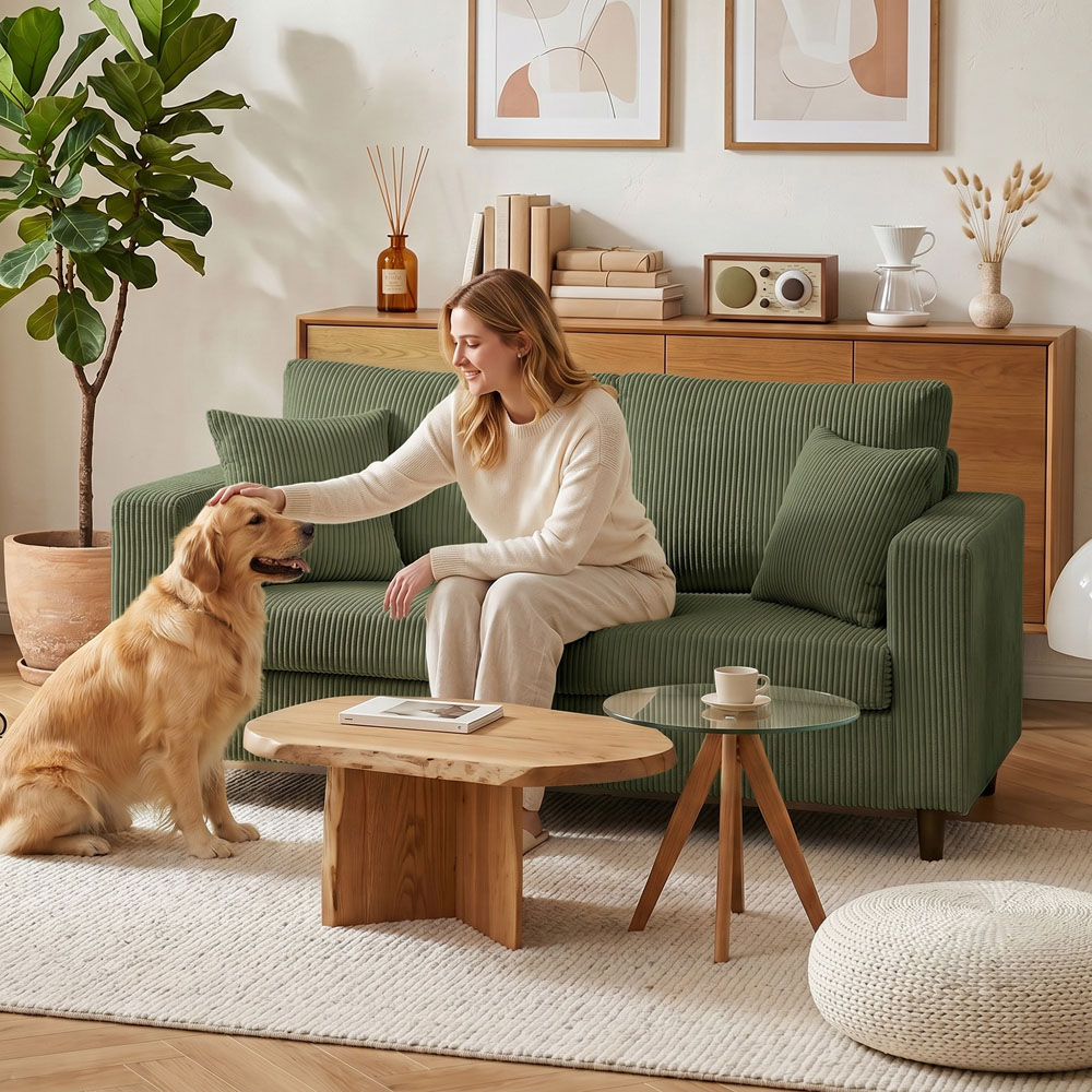 HOMCOM 2 Seater Green Corduroy Upholstered Wide Seat Loveseat Sofa Image 2