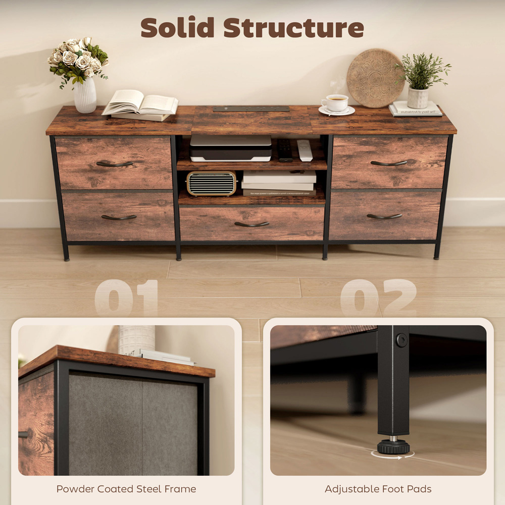 Portland 5 Drawer 2 Shelf Rustic Brown TV Unit with Charging Station Image 6